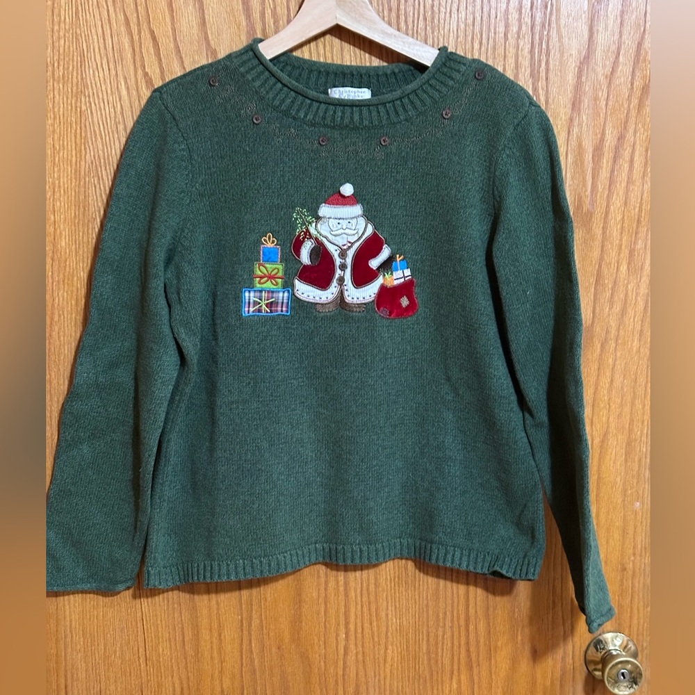 Christopher‎ & Banks 2008 Festive Green Sweater with Santa Motif Sz L  bin N